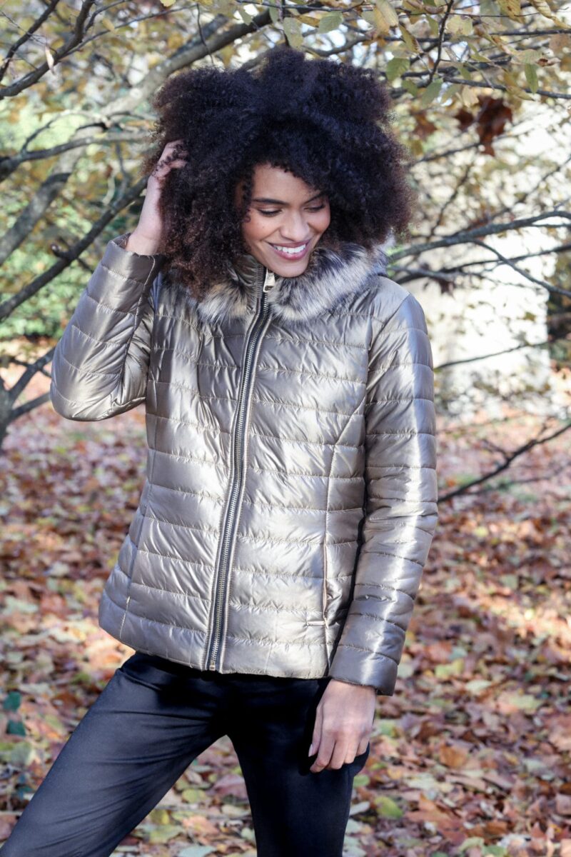 Iridescent effect down jacket Faux fur hood