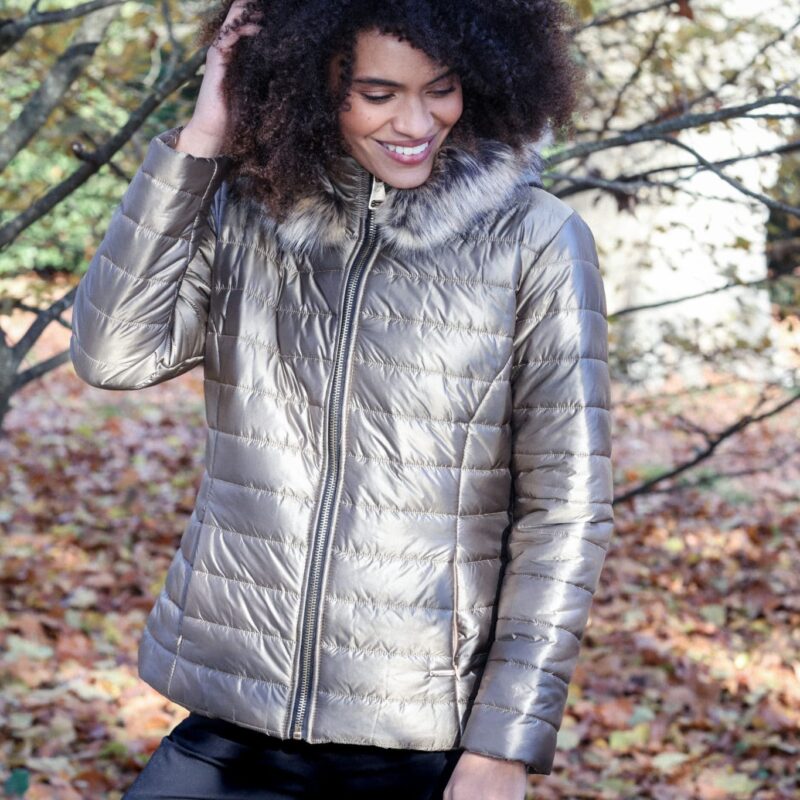 Iridescent effect down jacket Faux fur hood